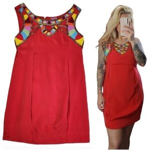 YOANA BARASCHI Colorful Beaded Red Mini Dress Size 6 Silk Lined